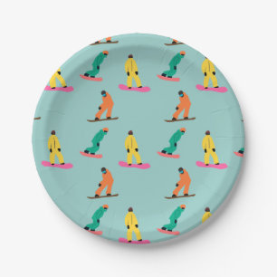 Snowboarders Winter Illustration Snowboard Blue Paper Plate