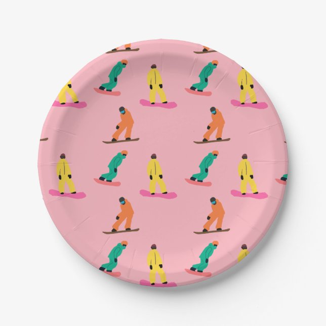 Snowboarders Winter Illustration Snowboard Pink Paper Plate (Front)