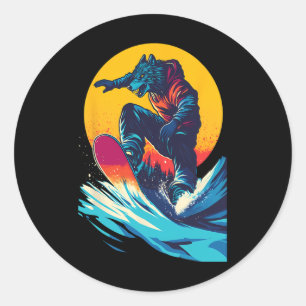 Snowboarding Animals- Wolf On A Snowboard Snowboar Classic Round Sticker