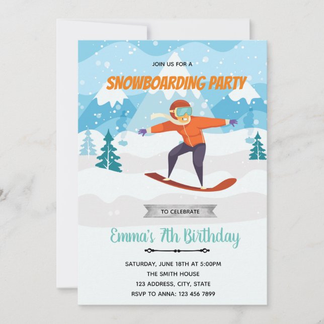 Snowboarding birthday party invitation (Front)