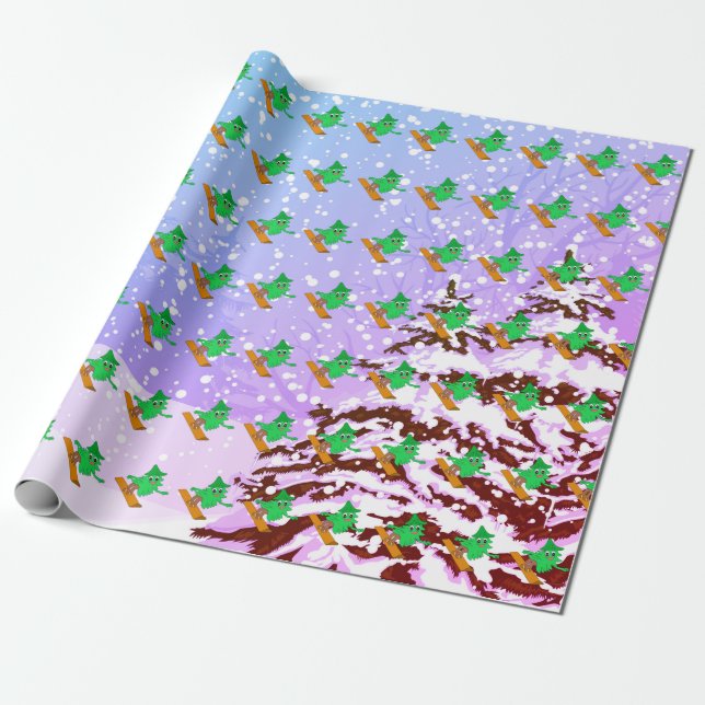 Snowboarding Christmas Tree Wrapping Paper (Unrolled)