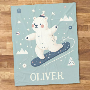 Snowboarding Cute Polar Bear Fleece Blanket