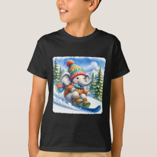 Snowboarding Elephant On Snowy Hill With Pines. Co T-Shirt