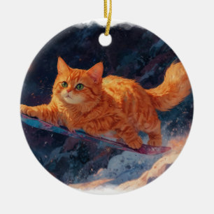 Snowboarding Ginger Kitten Cartoon Art Ceramic Tree Decoration
