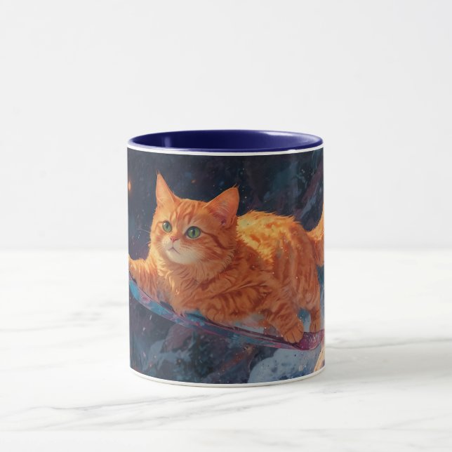 Snowboarding Ginger Kitten Cartoon Art Mug (Center)