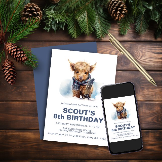 Snowboarding Highland Cow Invitation (Creator Uploaded)