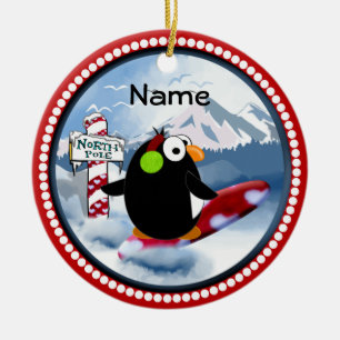 Snowboarding Penguin Ceramic Tree Decoration