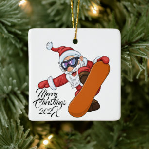 Snowboarding Santa Ceramic Ornament