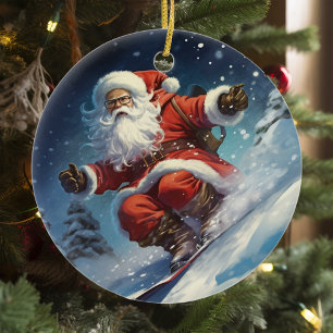 Snowboarding Santa Ceramic Tree Decoration