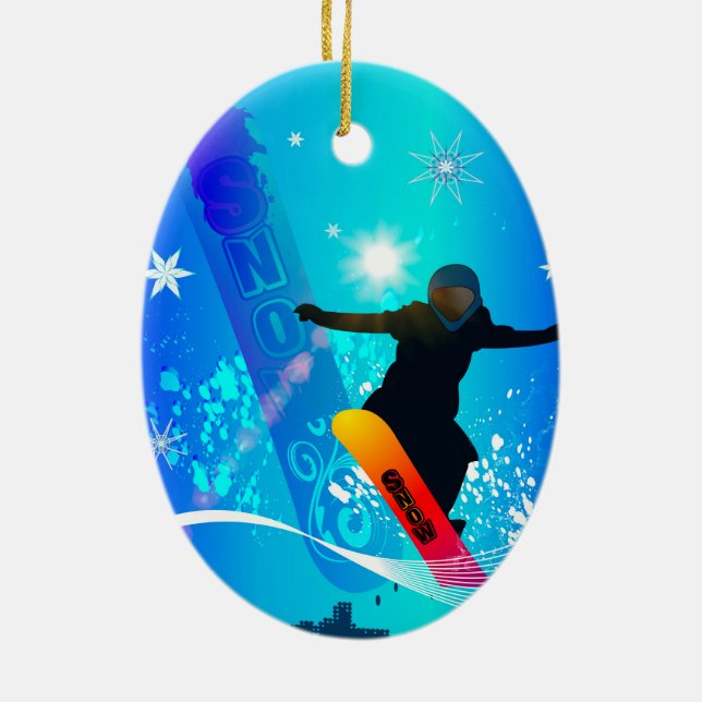 Snowboarding, snowboarder with board ceramic tree decoration (Back)