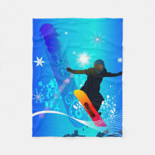 Snowboarding, snowboarder with board on blue backg fleece blanket