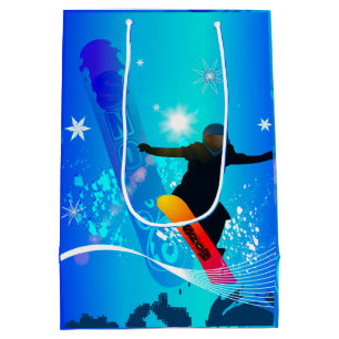 Snowboarding, snowboarder with board on blue backg medium gift bag