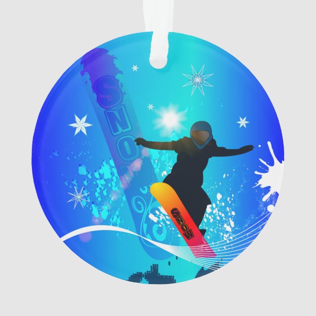 Snowboarding, snowboarder with board on blue backg ornament (Back)