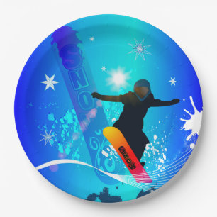 Snowboarding, snowboarder with board on blue backg paper plate