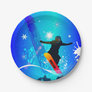 Snowboarding, snowboarder with board on blue backg paper plate