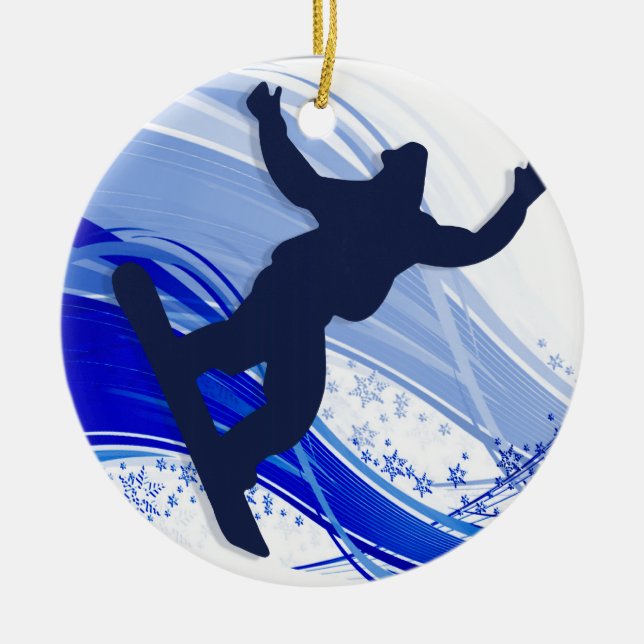Snowboarding & Snowflakes Ceramic Tree Decoration (Front)