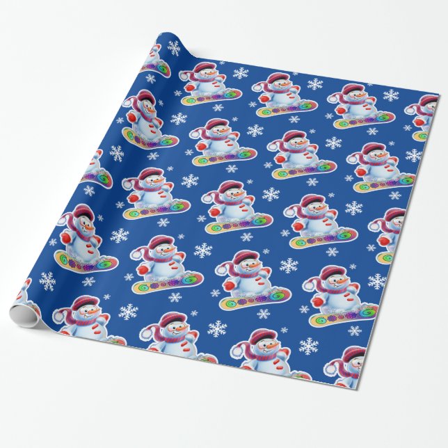 Snowboarding snowman glossy midnight blue. wrapping paper (Unrolled)