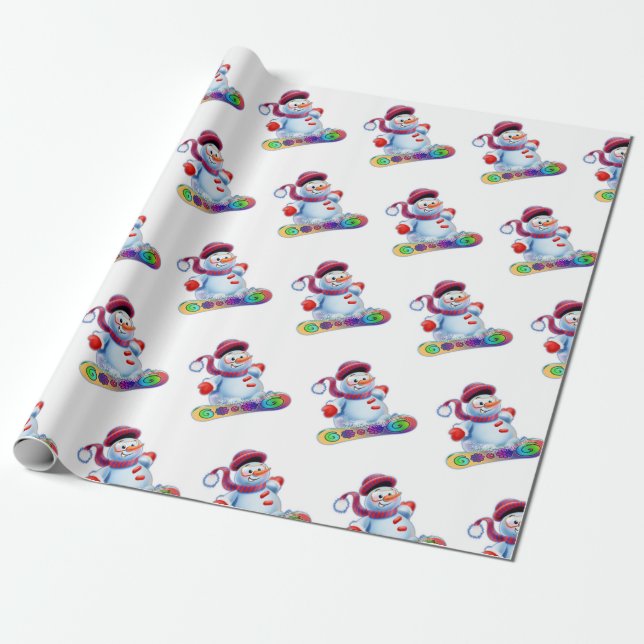 Snowboarding snowman matte wrapping paper (Unrolled)