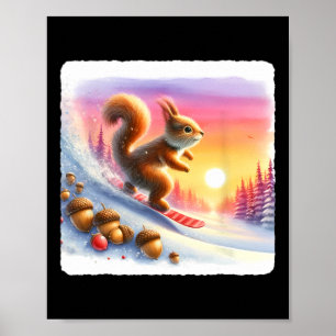 Snowboarding Squirrel On Frosty Slope At Sunset. A Poster