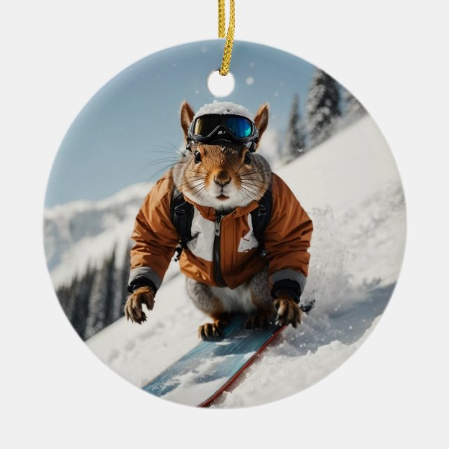 Snowboarding Squirrel Wintertime Whimsical Animal Ceramic Tree Decoration (Front)