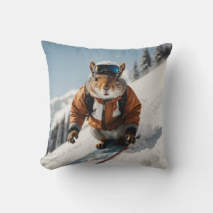 Snowboarding Squirrel Wintertime Whimsical Animal Cushion
