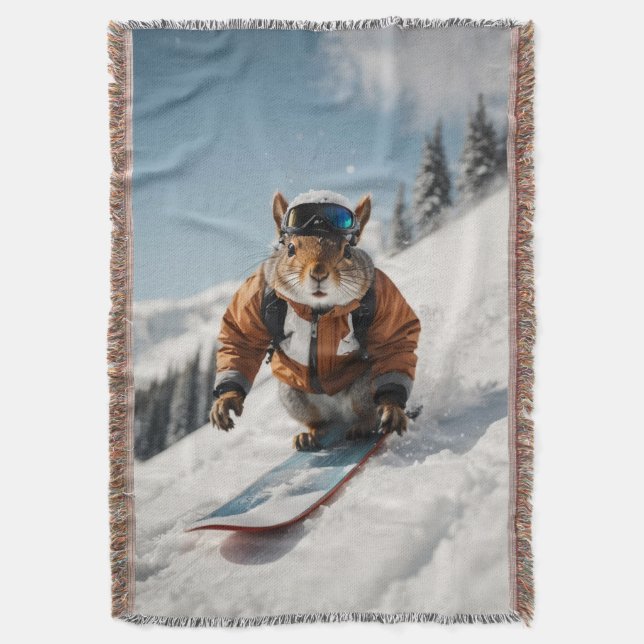 Snowboarding Squirrel Wintertime Whimsical Animal Throw Blanket (Front Vertical)