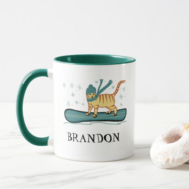Snowboarding Tabby Cat CUSTOMIZE IT Mug (With Donut)