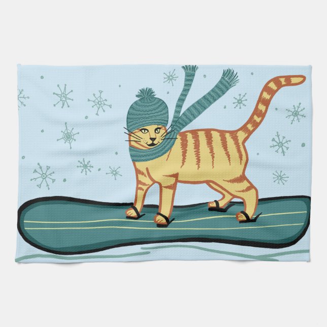 Snowboarding Tabby Cat Tea Towel (Horizontal)