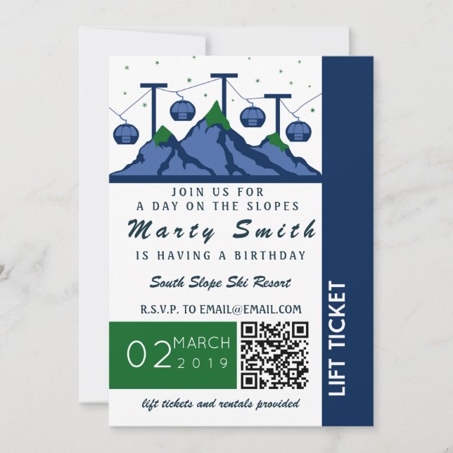 Snowcapped Mountain Lift Ticket Invitation (Front)
