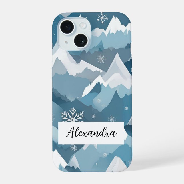 Snowcapped Mountains Layered Snowflakes Winter iPhone 15 Case (Back)