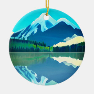 Snowcapped Mountains Reflected in a Lake Ceramic Tree Decoration
