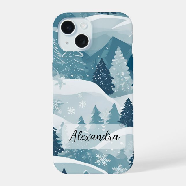 Snowcapped Mountains with Pine Trees and Snow  iPhone 15 Case (Back)