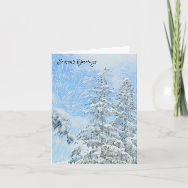 Snowcapped Pine trees Blue Sky Watercolor Holiday  Card (Front)