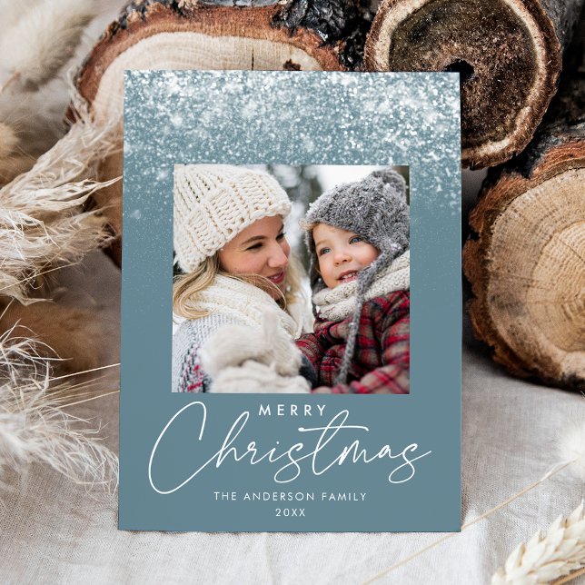 Snowdrift Merry Christmas Blue Frost Photo Holiday Card (Creator Uploaded)