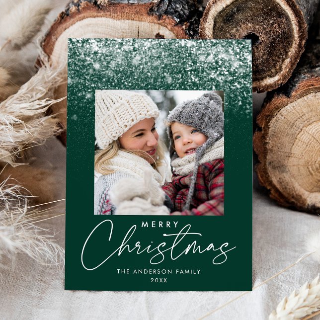 Snowdrift Merry Christmas Green Photo Holiday Card (Creator Uploaded)