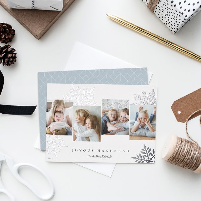 Snowdrop 4 Photo Collage Hanukkah Foil Holiday Card (Creator Uploaded)