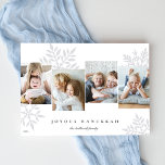 Snowdrop 4 Photo Collage Hanukkah Holiday Card<br><div class="desc">Unique modern Hanukkah card design features favourite  photos side by side with oversized pastel snowflake silhouettes in the background. Personalise with your family name(s) and the year beneath "Joyous Hanukkah" in classic lettering.</div>