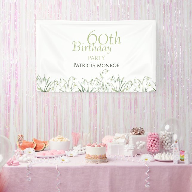 Snowdrop 60th Birthday Watercolor Botanical  Banner (Party)