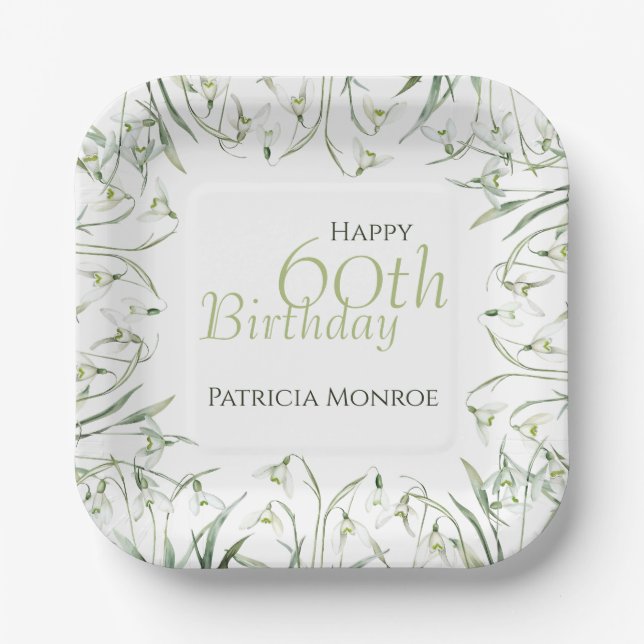 Snowdrop 60th Birthday Watercolor Botanical Paper Plate (Front)