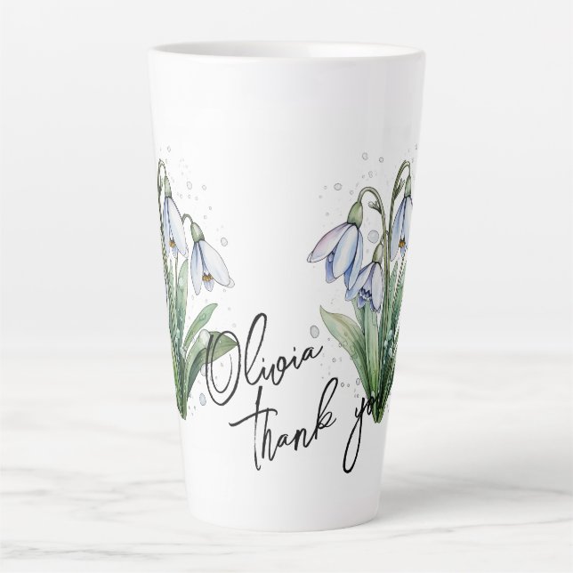 Snowdrop "Thank you!" Editable Slogan & Name Latte Mug (Front)