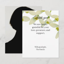 Snowdrop white funeral thank you card with photo