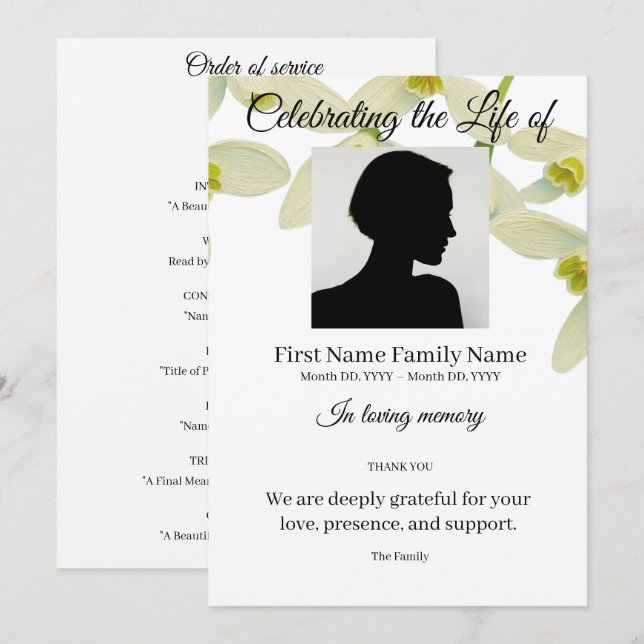 Snowdrop white order of service invitation (Front/Back)