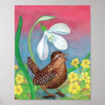 Snowdrop & wren bird summon the spring nursery