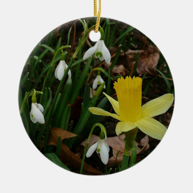 Snowdrops and Daffodil Spring Floral Ceramic Tree Decoration (Front)