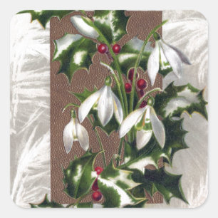 Snowdrops and Holly Vintage Christmas Square Sticker