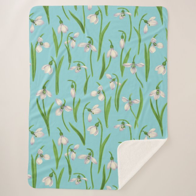 Snowdrops on pool blue sherpa blanket (Front)