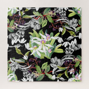 Snowdrops & Orchids: Sketched Black Pattern Jigsaw Puzzle