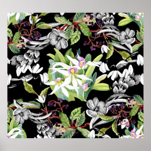 Snowdrops & Orchids: Sketched Black Pattern Poster