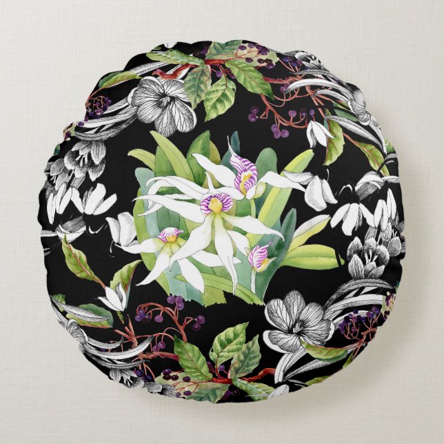 Snowdrops & Orchids: Sketched Black Pattern Round Cushion (Front)
