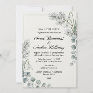 Snowdrops, Pine Needles, Eucalyptus Leaves, Geomet Invitation